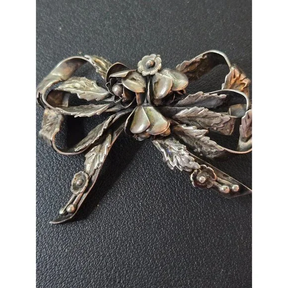 HOBE sterling silver floral bow brooch very vintage and lovely patina - Picture 5 of 8